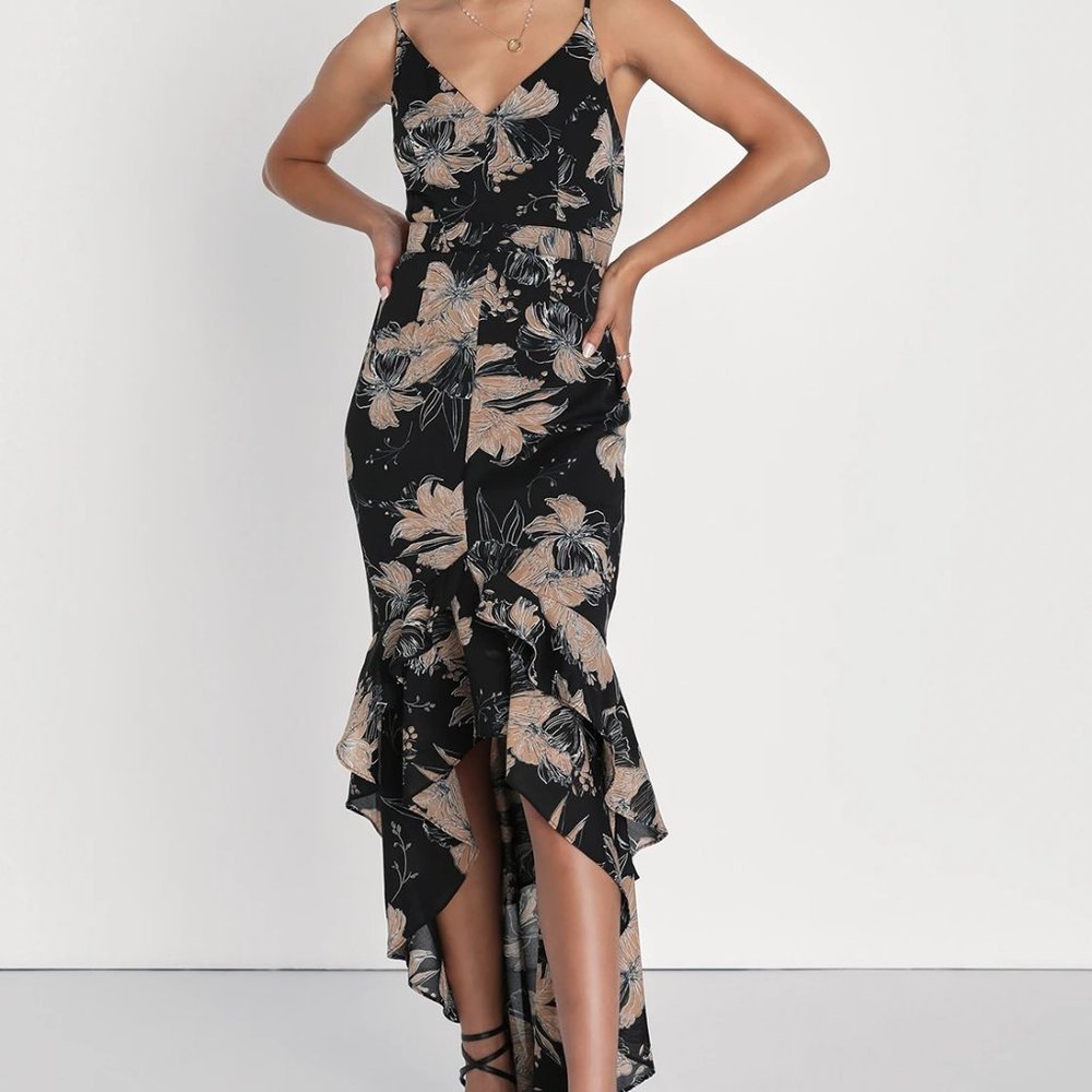 Lulus Black Floral Print High-Low Dress